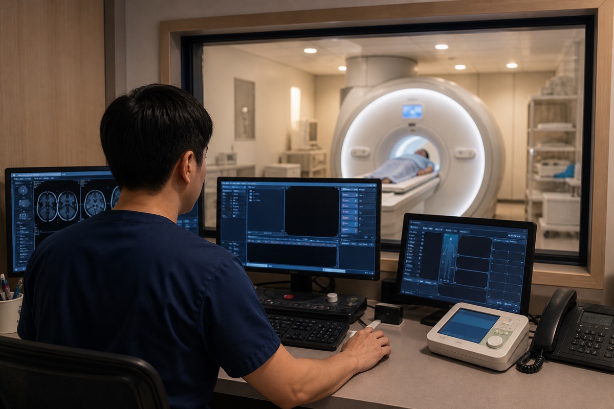 조정실에서 MRI 검사를 진행하며 지켜보는 모습